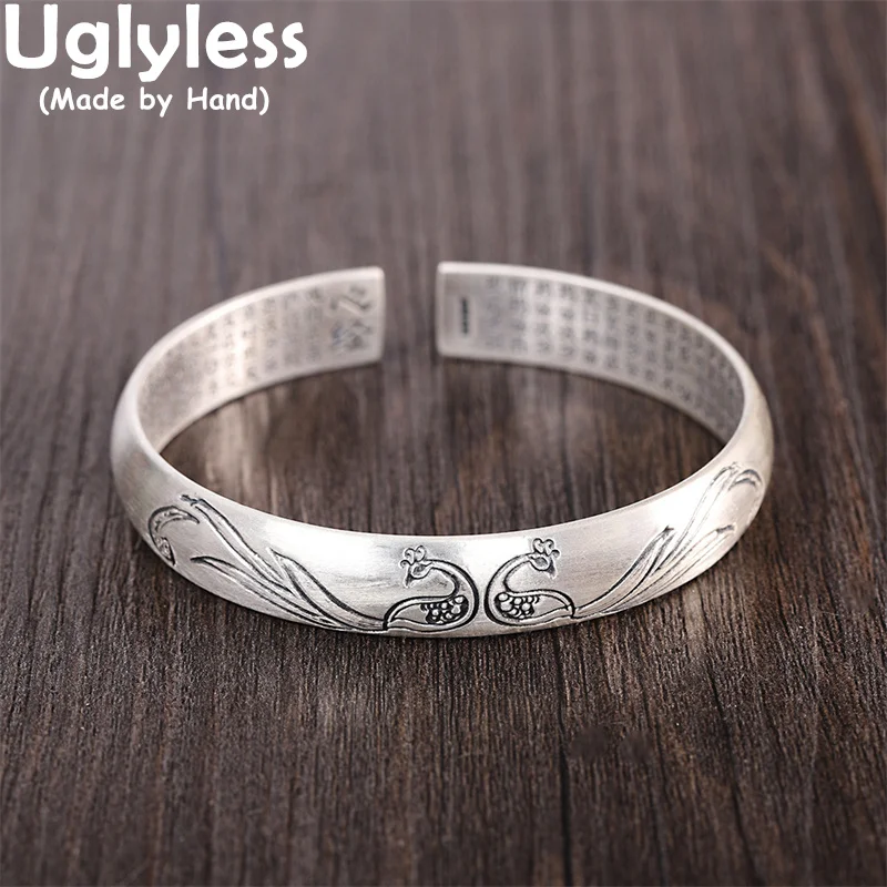 

Uglyless Ag999 Full Silver 100% Real Silver Bangles for Women Thai Silver Phoenix Peacock Bangles Heart Sutra Buddhism Jewelry