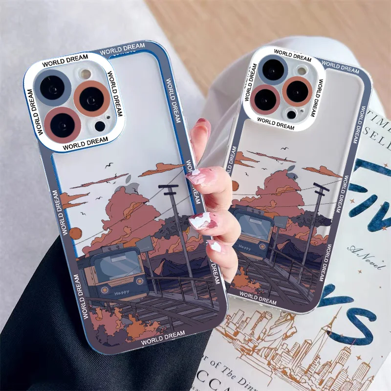 

Cartoon Anime Scene Hand Drawn Phone Case For IPhone 11 12 13 14 Pro Max X XS XR 8 7 Plus SE 2020 Transparent Protection Cover