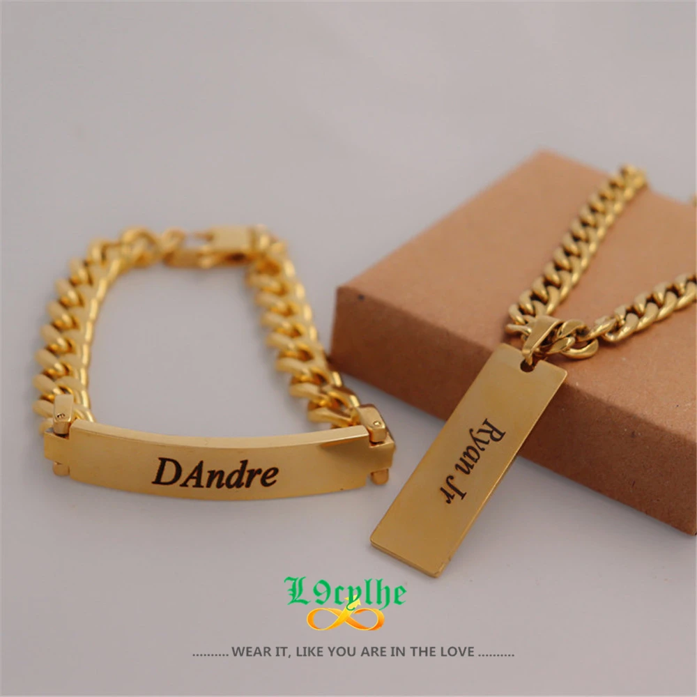 Gold Gravieren Name Halskette Schmuck Sets Custom Name Armbänder Männer Kubanischen Kette Bijoux Femme Edelstahl Typenschild Halsketten