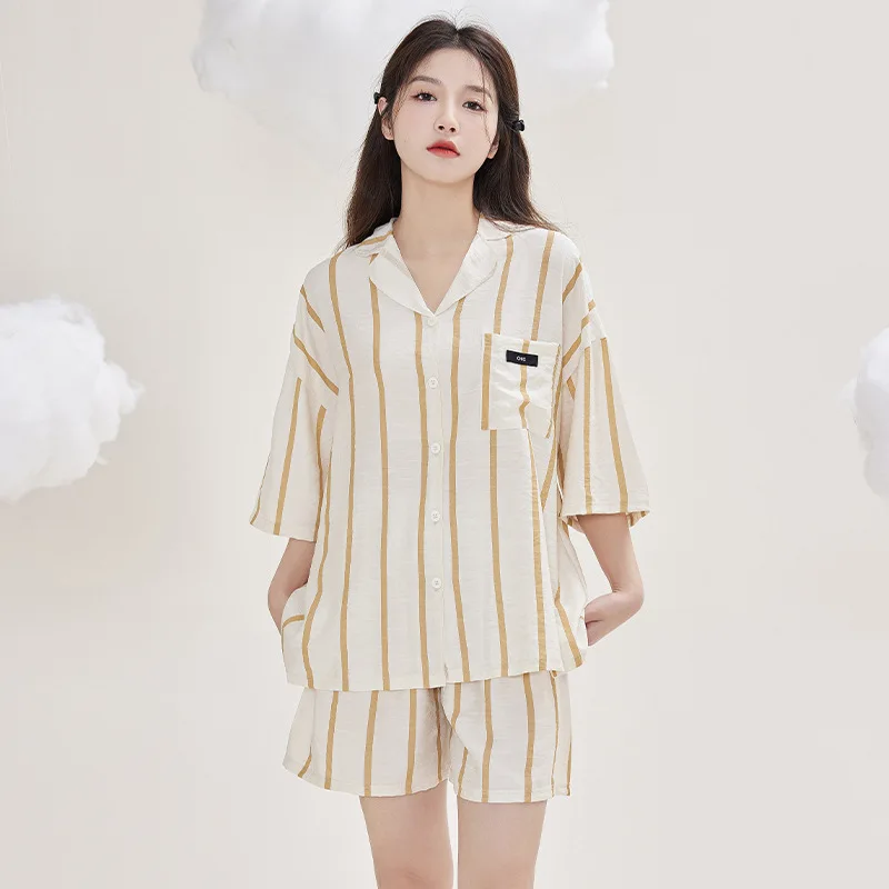 Spring and Summer Pajamas for Women Half-sleeve Shorts Cool Feeling Suit Simple and Advanced Striped Sleepwear Loose Loungewear