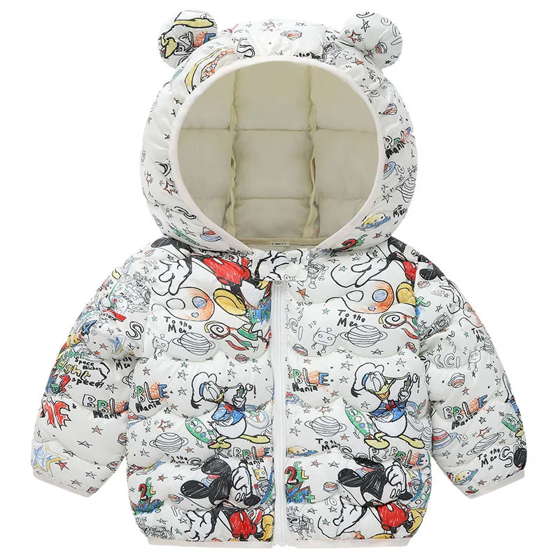 

Осенне-зимние пуховики с капюшоном с Микки Маусом Дональд Дак куртки пальто для маленьких мальчиков девочек Модная хлопковая одежда с граф...