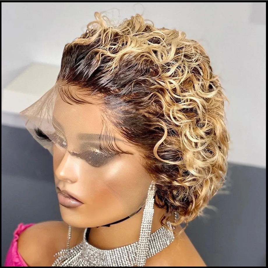 13x1 Pixie Cut Wig Short Bob Curly Lace Front Wig 6 inch