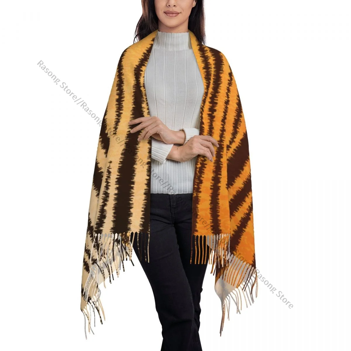 Большой шарф с кисточками 196*68 см из пашмины зимний женский кожи тигра