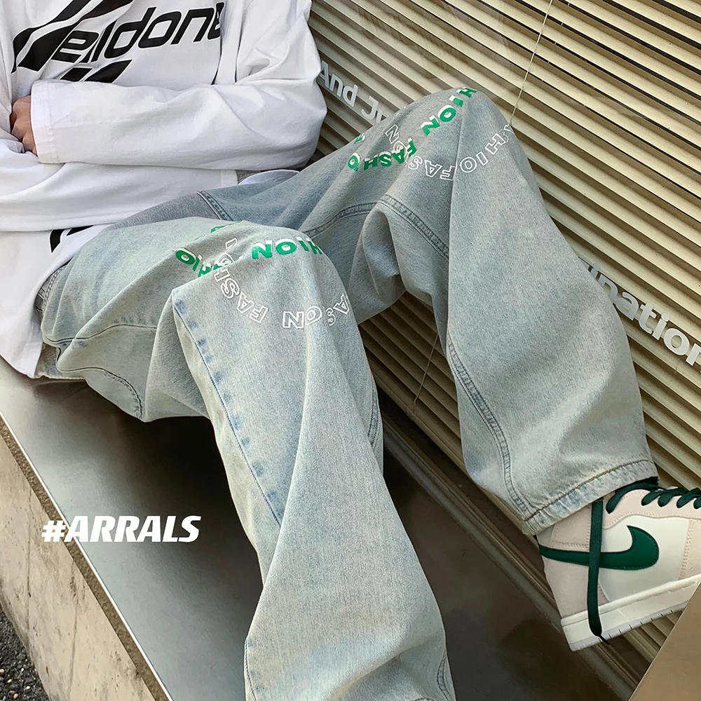 Blue Black Baggy Jeans Men Fashion Letter Print Casual Straight Jeans Mens Streetwear Harajuku Loose Hip Hop Denim Pants Men