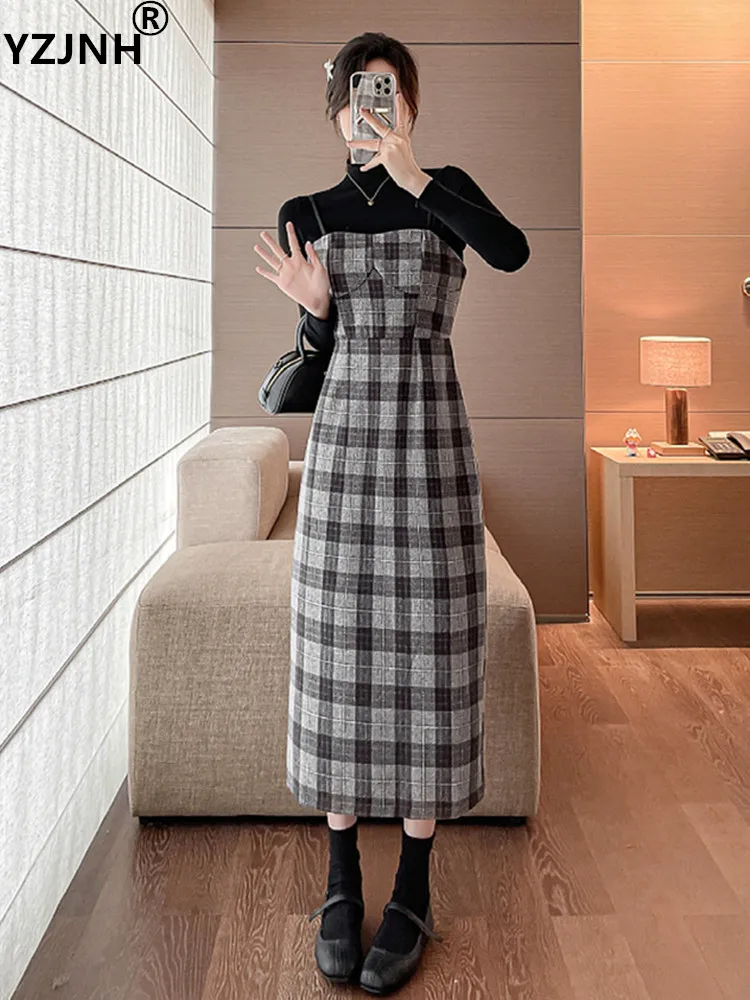 

Осенне-зимнее женское платье YZJNH 2023, Корейская версия, винтажное шерстяное платье на бретельках + свитер-низ, комплект из двух предметов для женщин