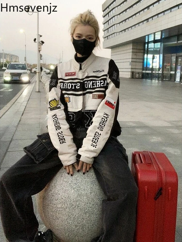 

Hmsevenjz American Retro Motorcycle Baseball Jacket Women Coat Spring Vintage Detachable Hot Girl Outerwear Coats Streetwear