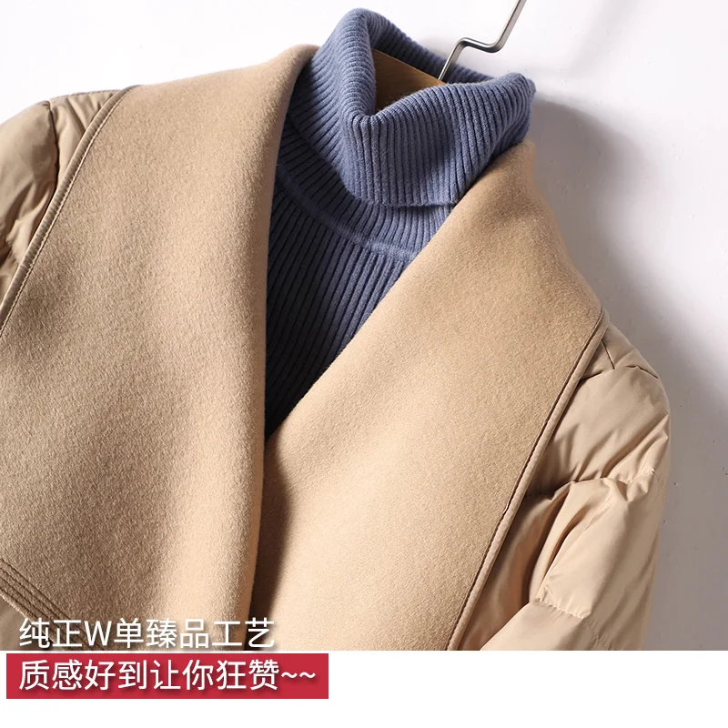 Long Duck Jacket Women 90%  White Duck Down Patchwork Wool Casaco Feminino  Single Button Thin Coat Women  High Street