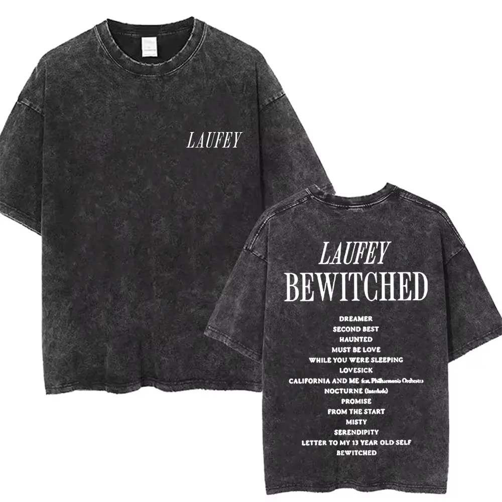 Washed Vintage Laufey Bewitched Letter Logo Graphic T Shirt Men Women Fashion Pop Music T-shirts Unisex Aesthetic Oversized Tees
