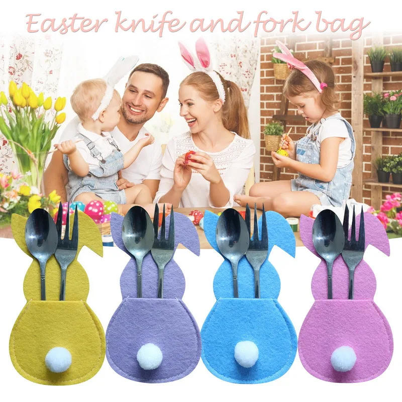 

4 Pack Easter Bunny Cutlery Bag Felt Utensil Holder Bag Happy Easter Home Decor Dinnerware Accessory Rabbit Cutlery Bag Table