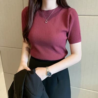 2022 summer new slim knitted sweater short sleeved top womens pullover sweater with short round neck bottoming shirt