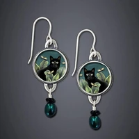 metal mysterious black cat earrings vintage jewelry silver color round grass green leaves blue pearl hook earrings for women