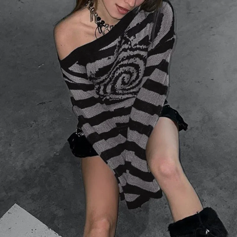 Y2k матовый черный модный вязаный свитер с цветными блоками пентаграммы в