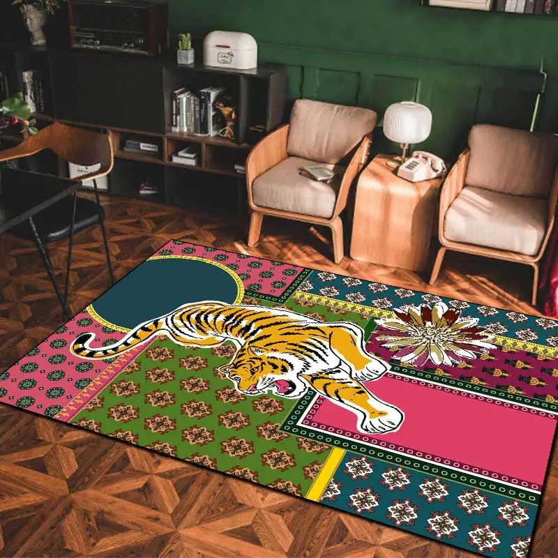 

Vintage National Style Area Rugs Color Stitching Geometric Tiger Print Home Decor Carpet Bedroom Kitchen Bath Non-Slip Floor Mat