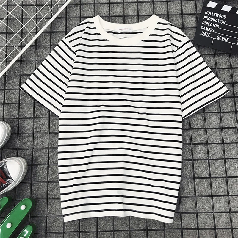 

Black White Striped Blouse Fashion New Short Sleeve T Blouse Women Loose Blouse Female Casual Tope Tees Harajuku Blouse