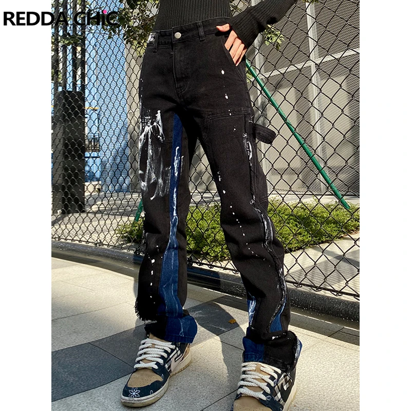 

Хипстерские мешковатые джинсы REDDACHiC в эстетике пэчворк широкие брюки контрастные цвета хип-хоп Уличная одежда джинсовые длинные брюки для ...