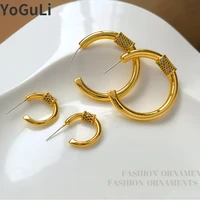 fashion jewelry s925 needle hoop earrings popular style high quality zircon brass metal thick golden color earrings for party