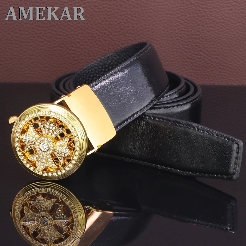 

Fashion rotate round Automatic Buckle high quality young men belt luxury famous brand genuine leather designer ceinture homme Q9