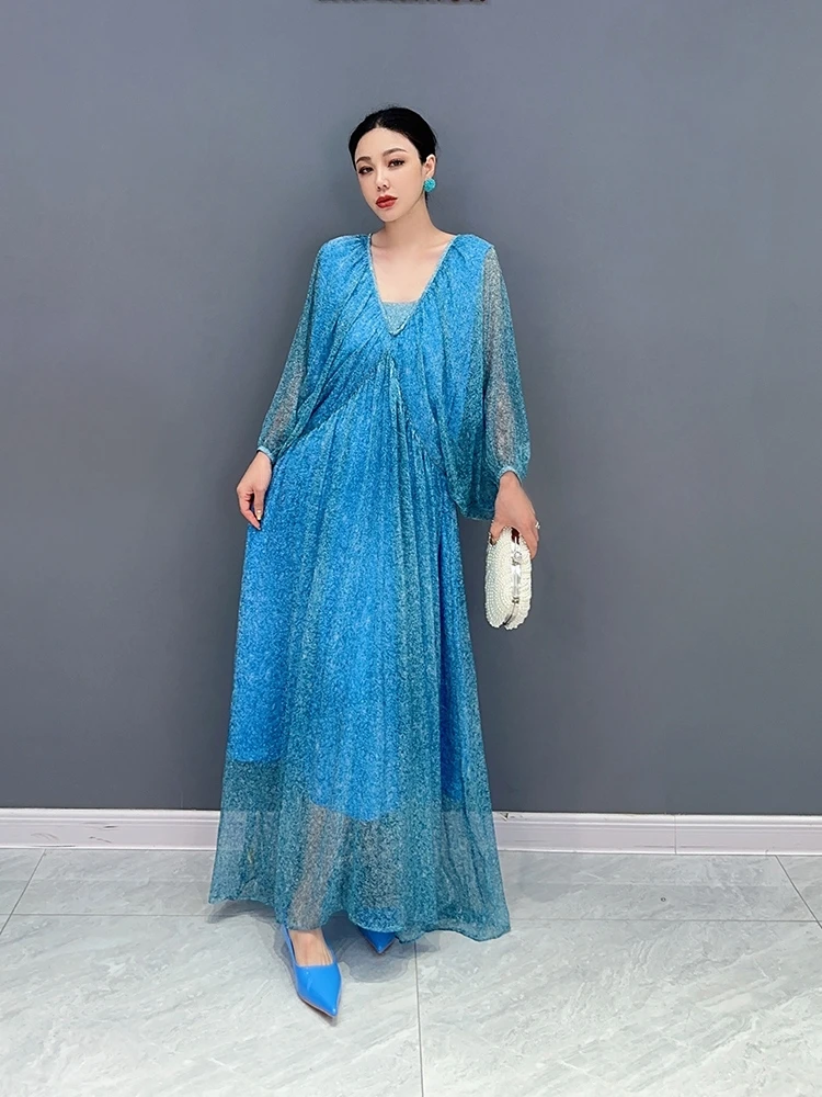 

Женское летнее длинное платье с V-образным вырезом и рукавом летучая мышь