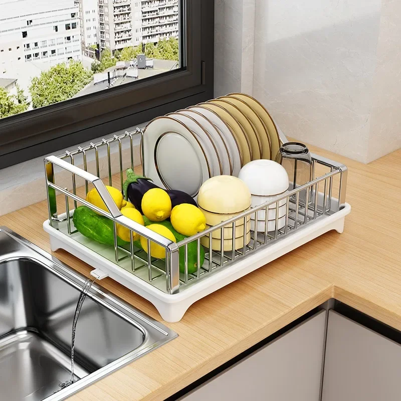 Large Stainless Steel Dish Drying Rack Kitchen Counter Plate Bowl Drainer with Plastic Board Tableware Organization and Storage