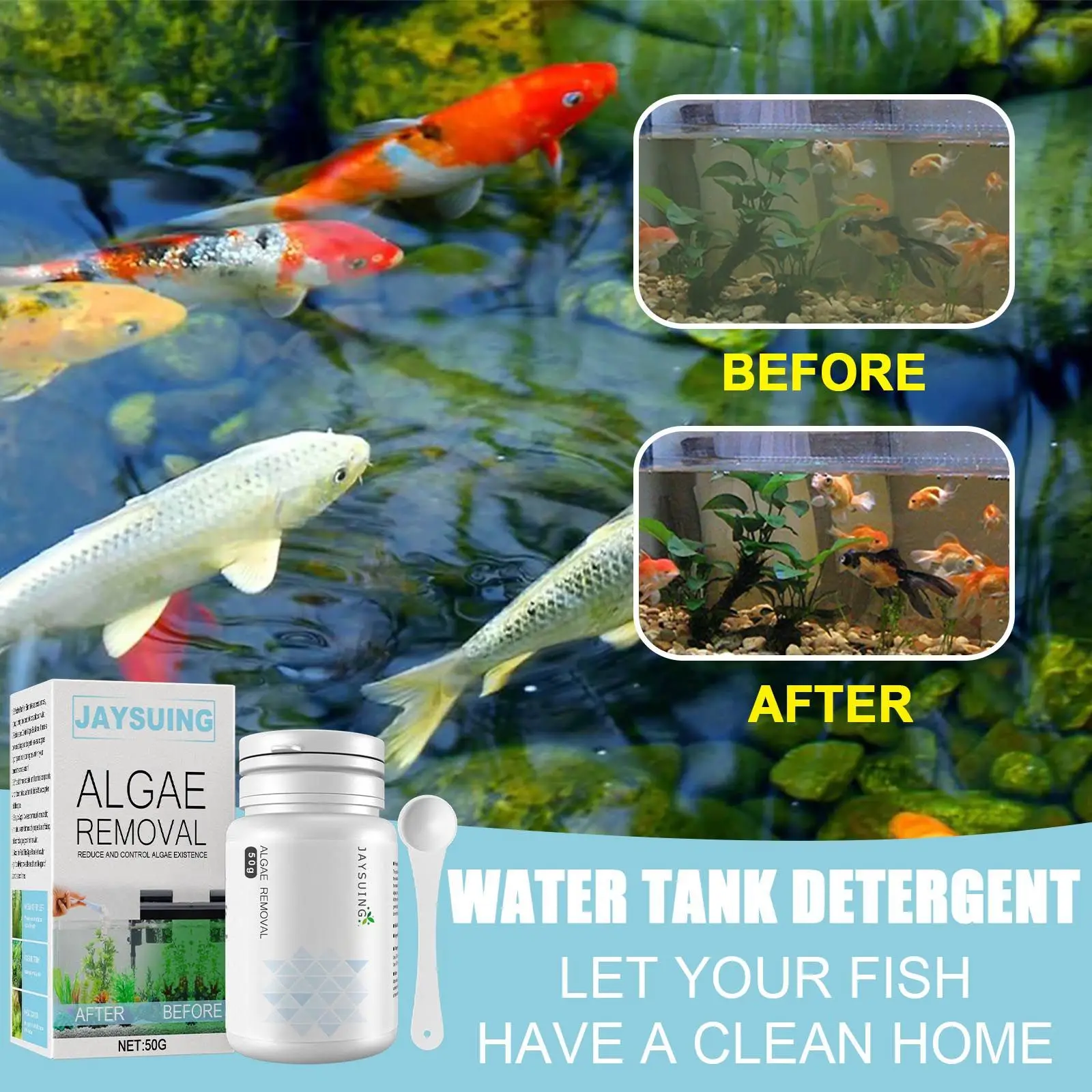 50g Aquarium Algaecide Aquatic Algae Removal Powder Control Detergent Purification Water Cleaning With Spoon Cleaning Tools