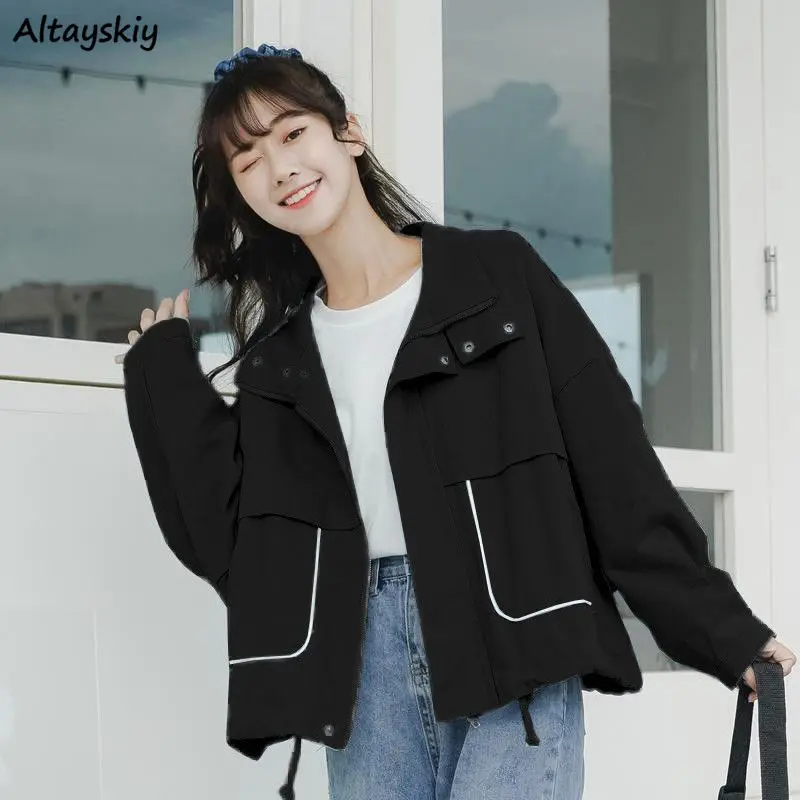 

Basic Jackets Women Pockets Solid Loose Teens Trendy Design College Casual Cool Unisex Streetwear Korean Style Mujer Kawaii Ins