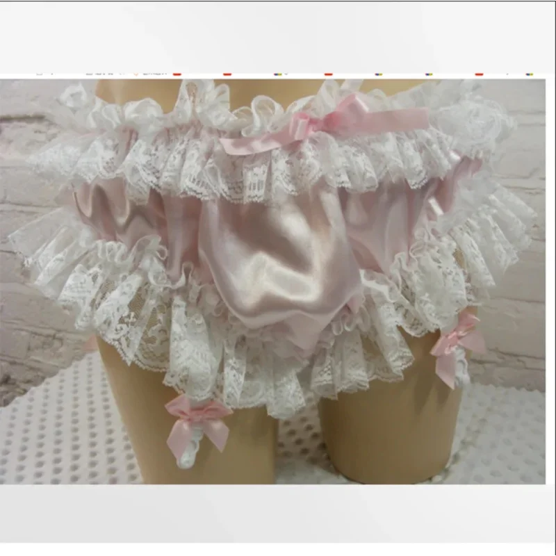 Новые пикантные кружевные комбинированные треугольные брюки с бантом Розовое