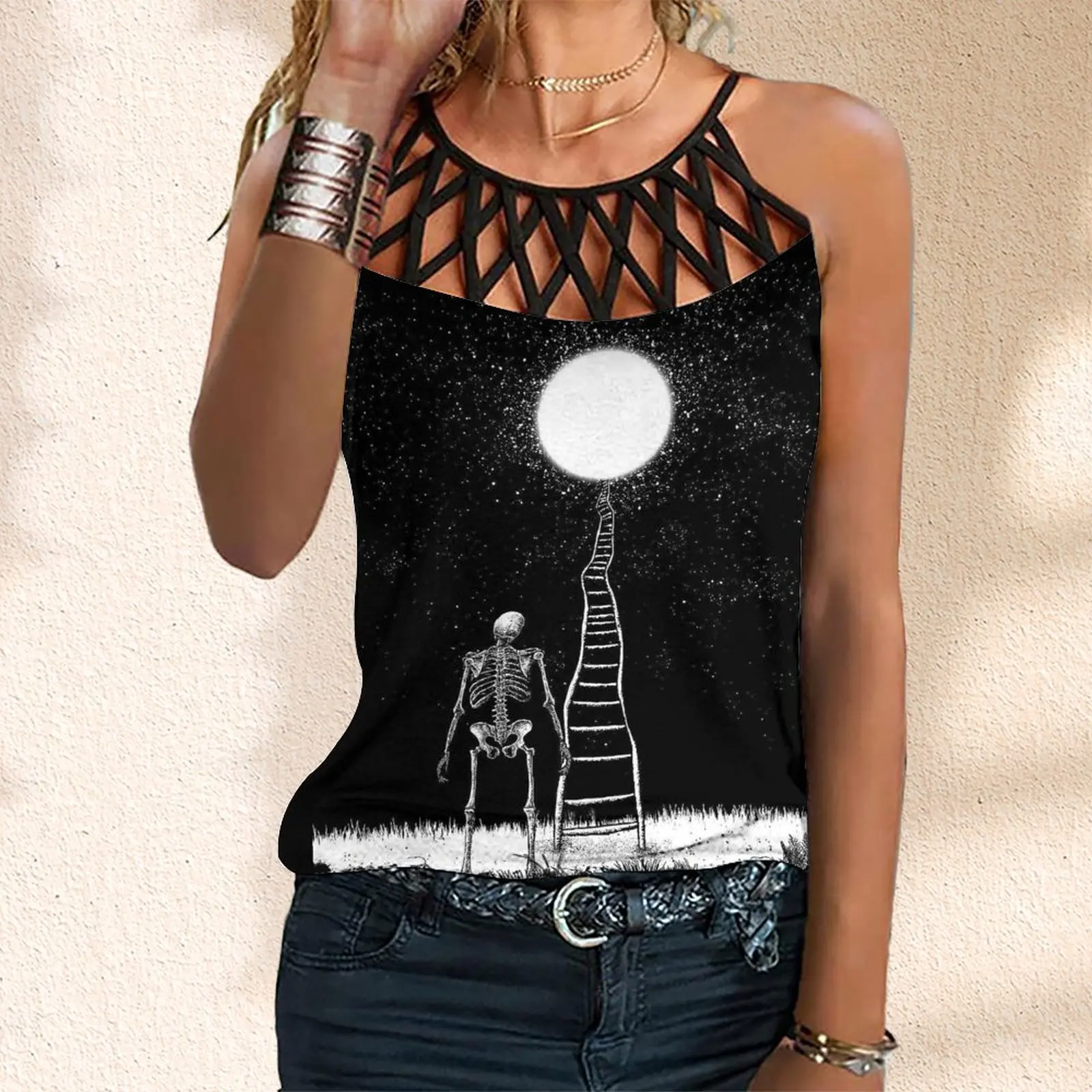 

Summer Women's Hollow Out Sleeveless Cross Cross Tank TopNew Skull Love Print Women Tank Top