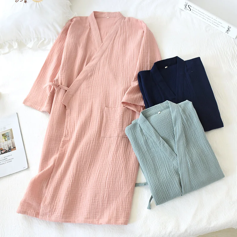 

Spring / Summer 100% Cotton Crepe Robes 2022 Japanese-style Kimono Ladies Thin Nightgown Men Bathrobe Robe Home Service Pajamas