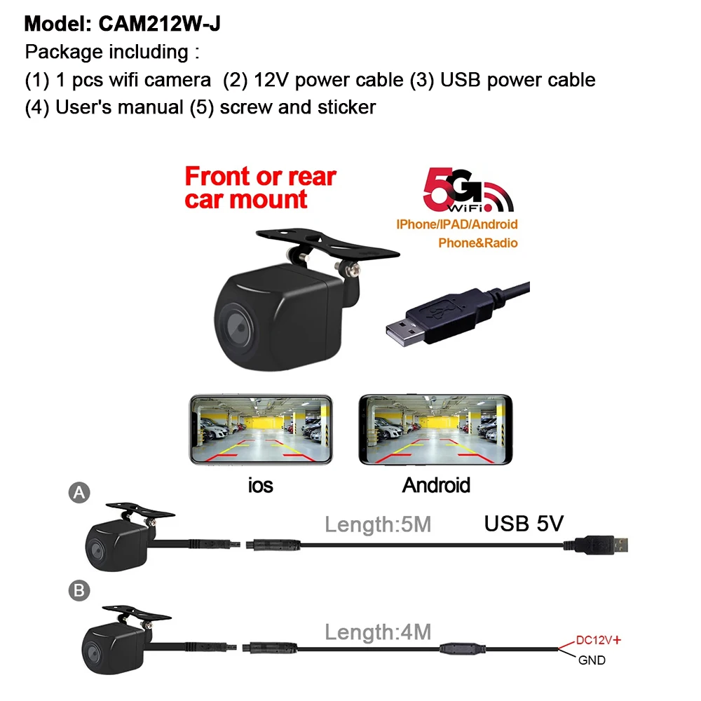 

Автомобильная Wi-Fi5 HD камера заднего вида с ночным видением, беспроводная водонепроницаемая Wi-Fi камера заднего вида, 12 В, поддержка Android Ios и радио