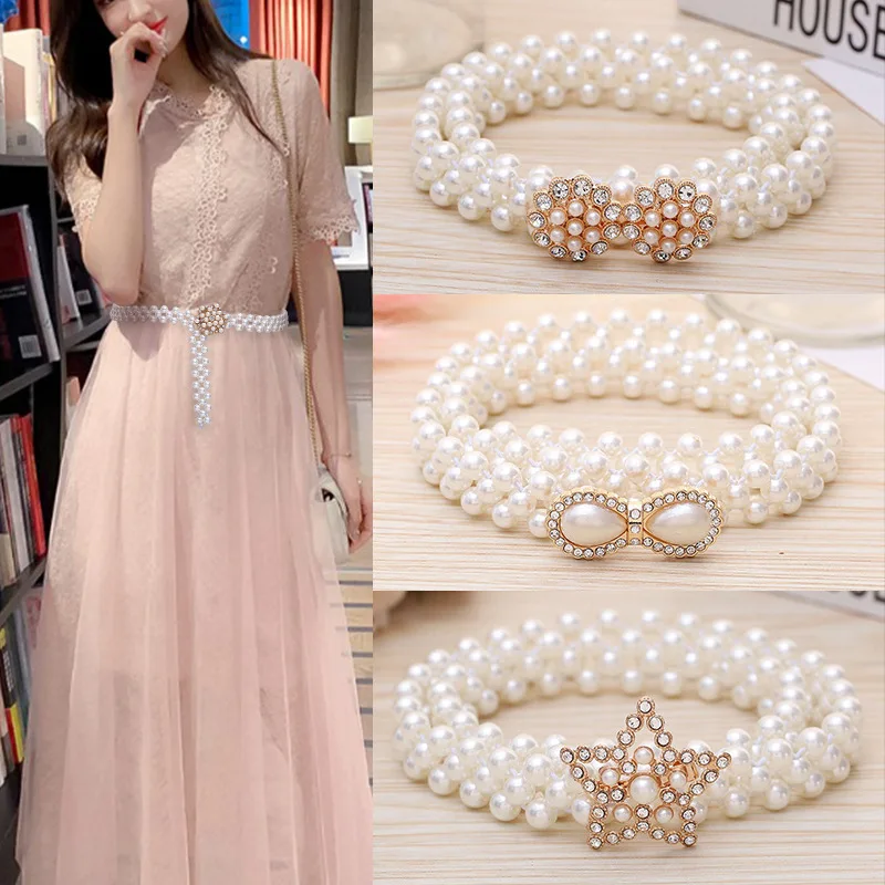 Trendy Pearl Waist Chain Women Fashion Rhinestone Elastic Dress Waistband Ladies Designer Thin Waist Belts Clothing Accessories