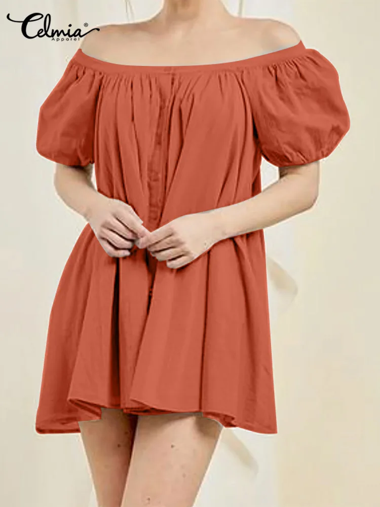 

Celmia Sexy Off Shoulder Mini Dress Square Collar Leisure Fashion Summer Short Robe Women Loose Puff Short Sleeve Femme Vestidos