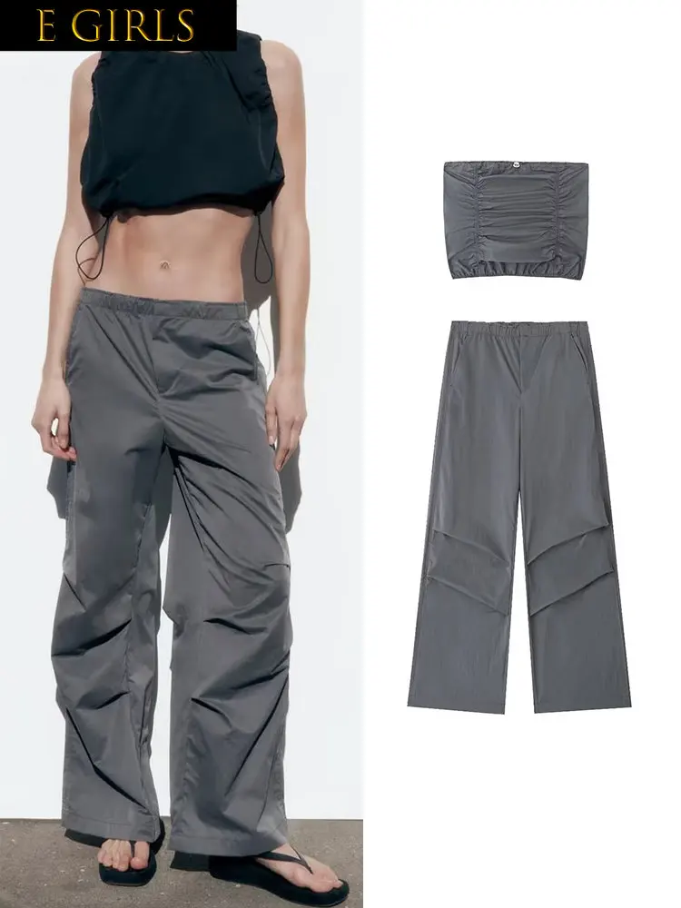 

Комплект летней одежды для девочек, модный однотонный топ со складками и штаны, Повседневная рубашка без бретелек, с застежкой-молнией и брюки, верхняя одежда из двух цветов