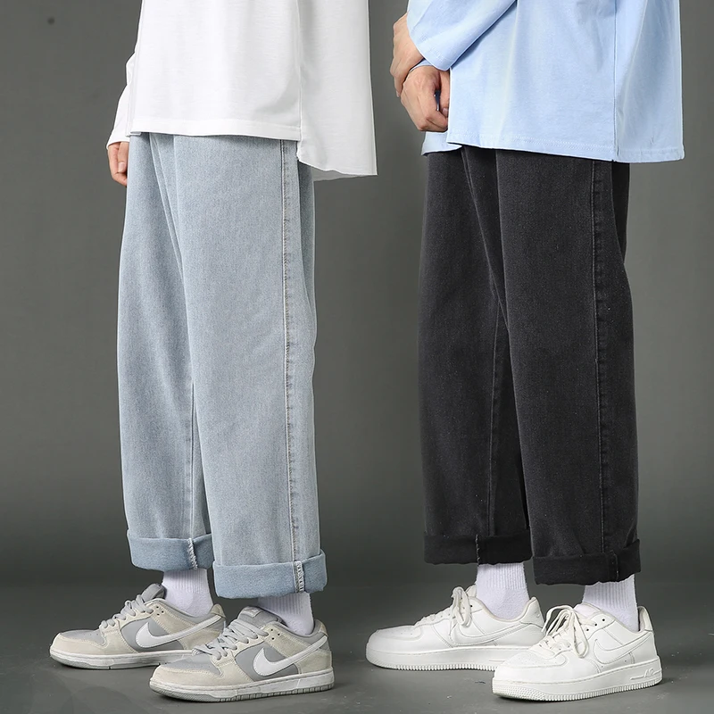2022 New Street Casual Loose Jeans Men's Korean Fashion Straight Wide Leg Pants Couple Black Blue Light | Мужская одежда
