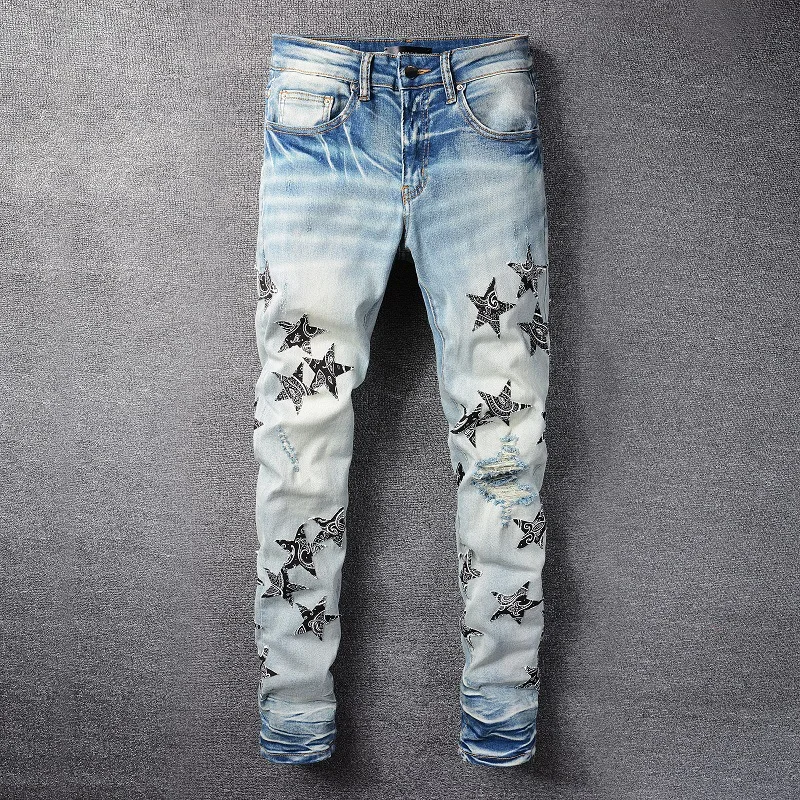 

2023 Brand New Classic Patch Embroidered Chemist Bandana Stars Jeans Cotton Denim Pants Comfort Casual Jeans 28-40 #76