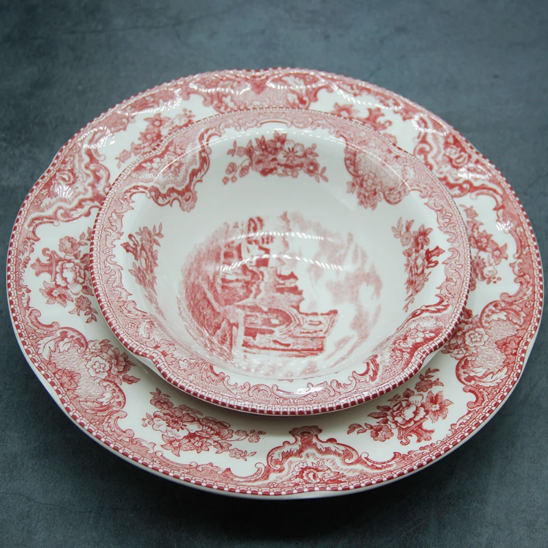 

European Style The Old Britain Castles Pink Dinner Set Dinner Ceramic Breakfast Plates Steak Plate Noodles Plate Dish Soup Bowl