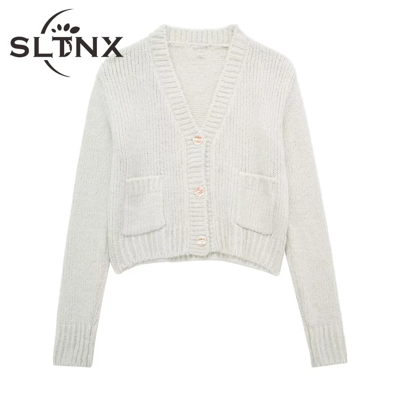 

SLTNX Winter Women Sweaters Knit Cardigan Female Solid V-Neck Long Sleeve with Pockets Cardigan Ladies Vintage Loose Sweaters