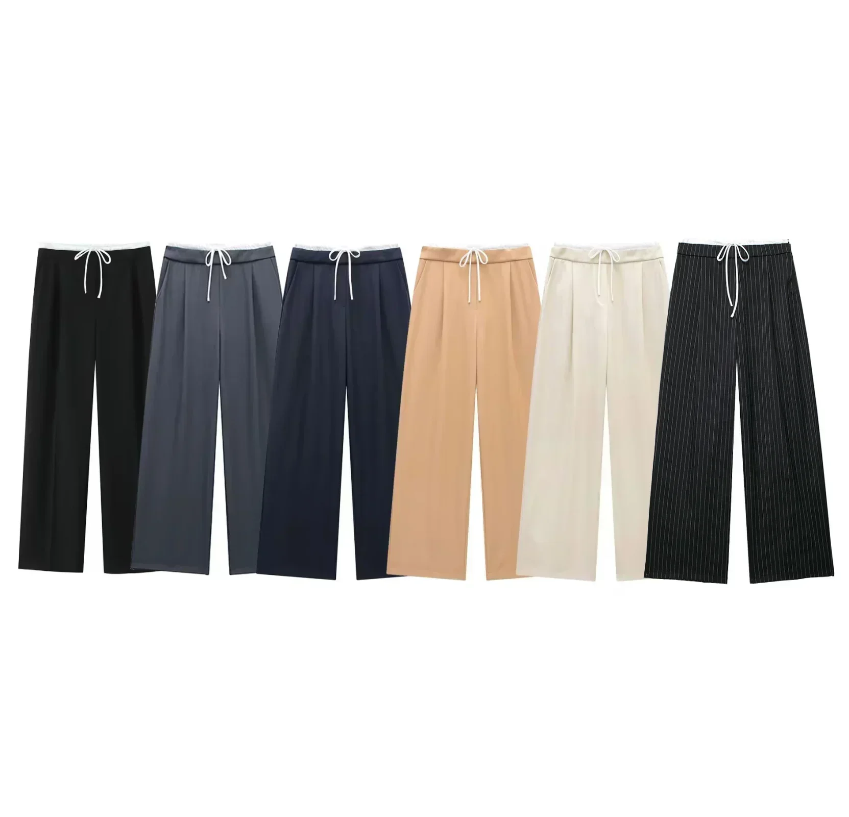 Women's New Fashion Pleated Splicing Design Loose Casual Wide Leg Pants Retro Elastic Waist Side Pockets