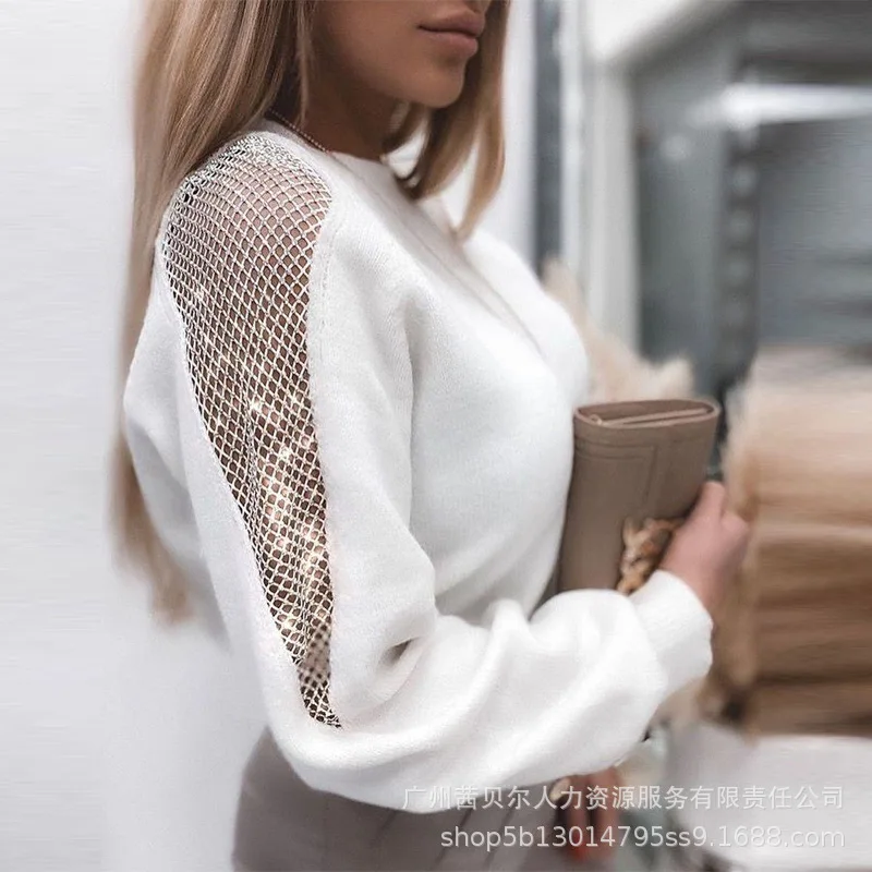 

Sexy Women Spring White Color T-Shirts Mesh Patchwork Design See Through O-Neck Long Sleeve Loose Pullovers Top