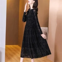 summer fashion lace mesh long dress 2022 spring autumn new black dress high waist pleated temperament long sleeved dress elegant