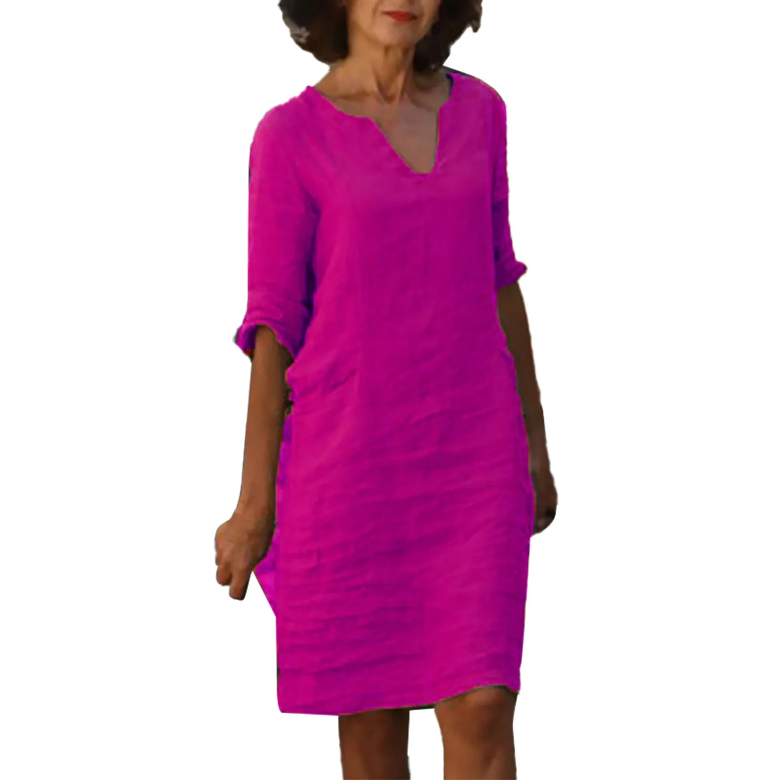 

Летнее платье из хлопка и льна с коротким рукавом, праздничное полуповседневное женское мини-платье с V-образным вырезом, однотонное женское платье