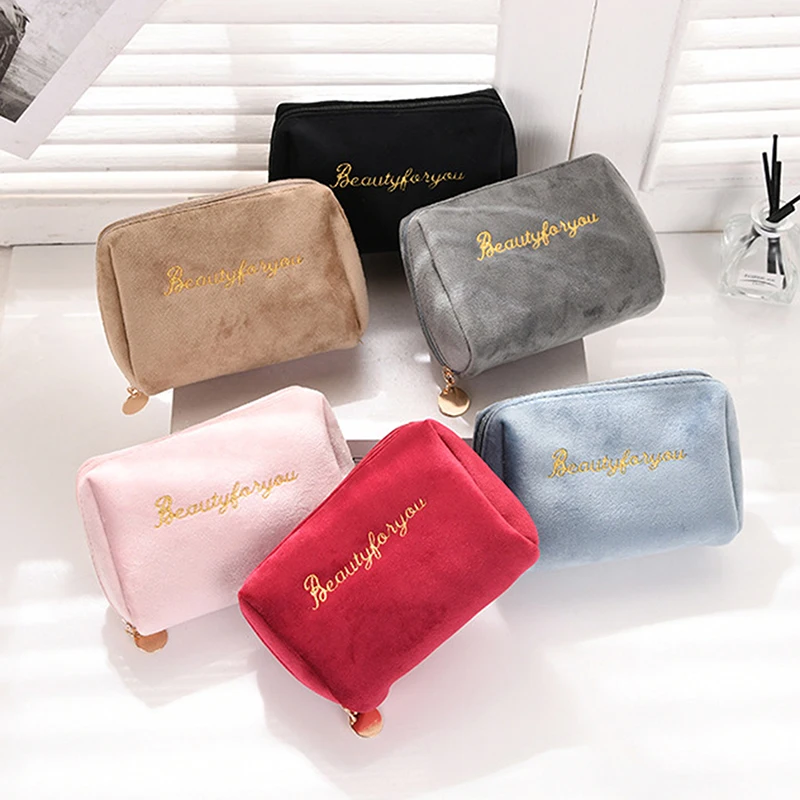 

1 Pcs Women Zipper Velvet Make Up Bag Travel Large Cosmetic Bag For Makeup Solid Color Female Make Up Pouch Necessaries