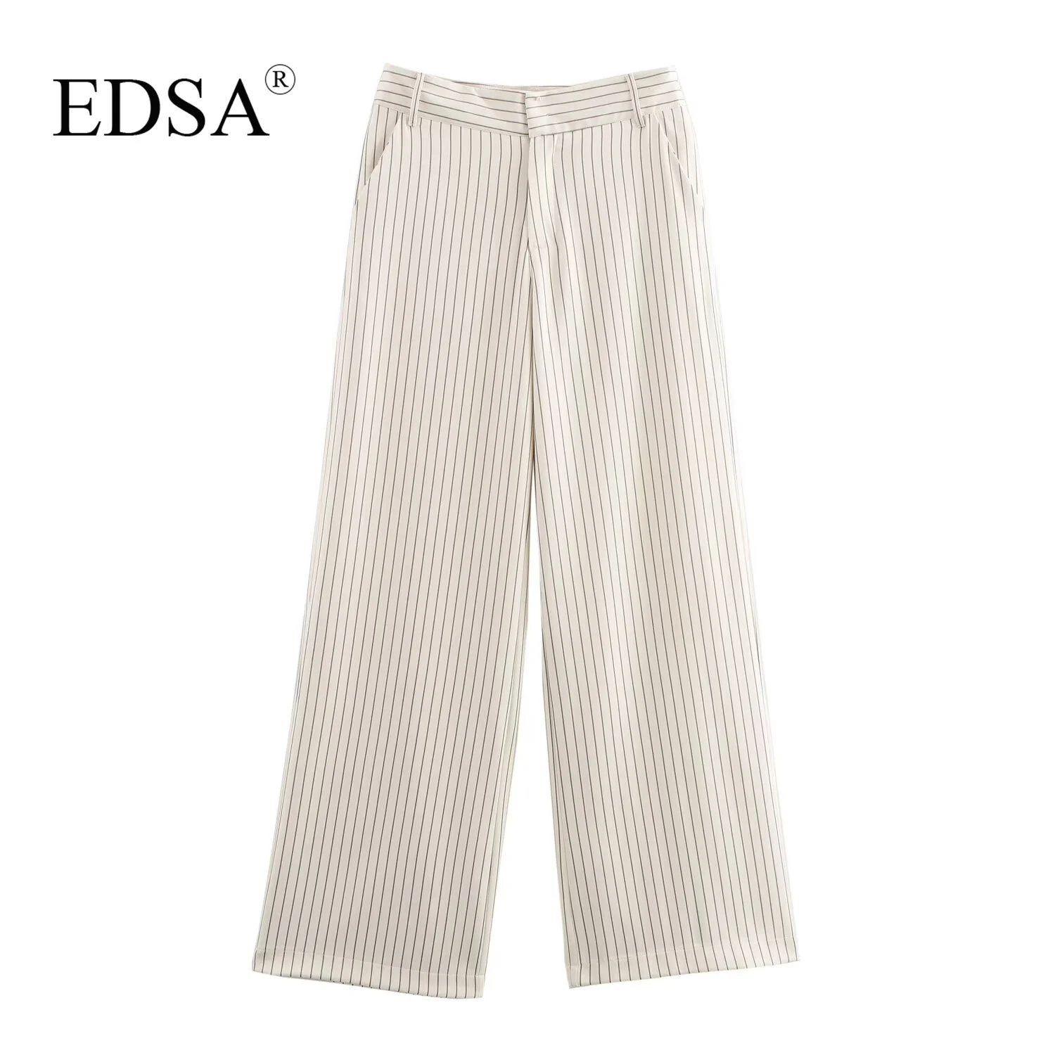 Женские полосатые длинные брюки EDSA офисные с высокой талией и боковыми карманами