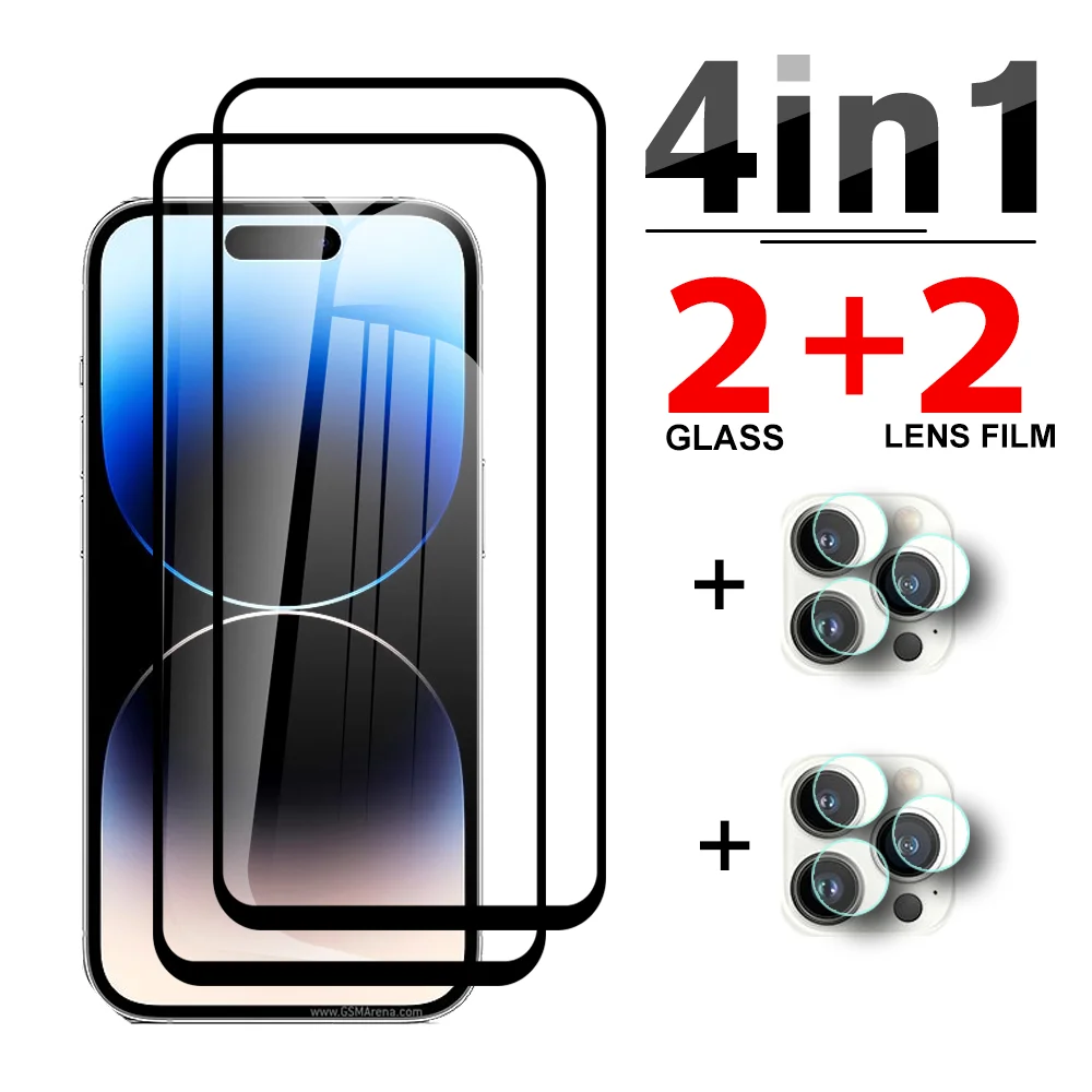 

Защитная пленка 4 в 1 для Iphone 14 Pro Max, закаленное стекло с черными краями для iPhone14 Plus, 14pro, 14 plus, 14promax, Защита экрана для камеры
