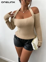 onelink plus size womens sweater browish knitting double brioche stitch striped pullover halter neck off shoulder long sleeve