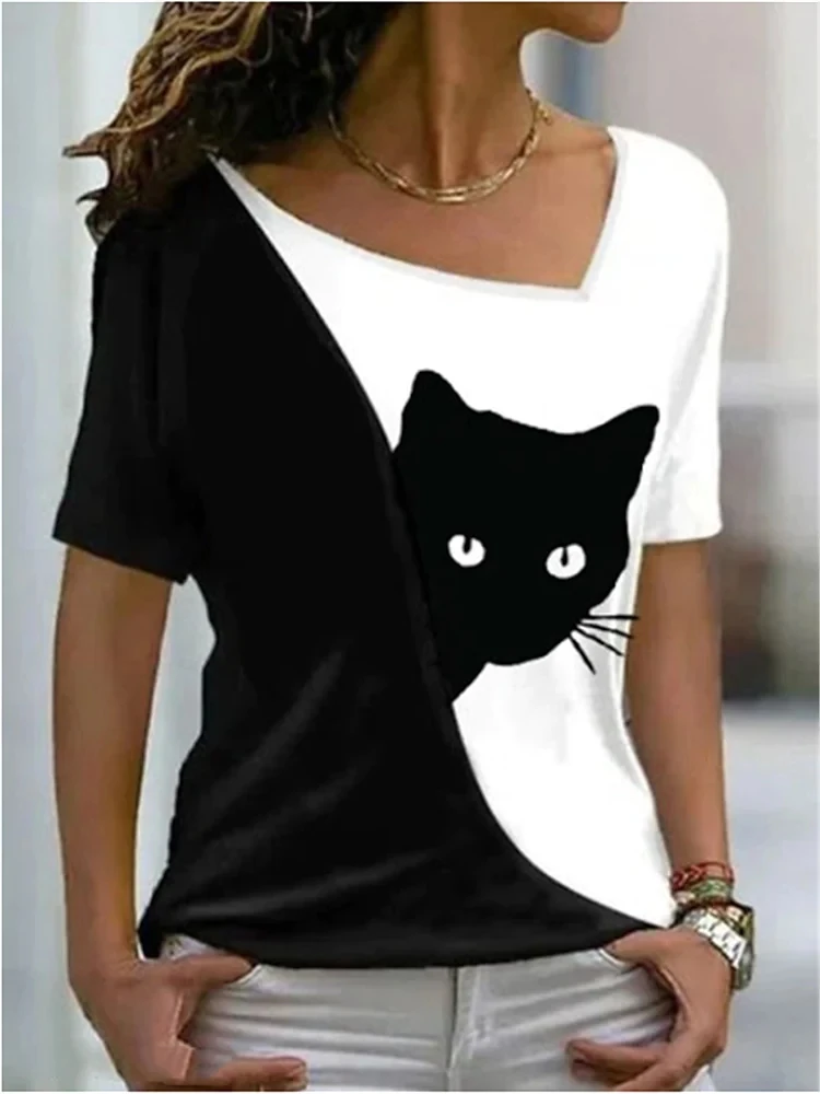 

2022 New Style Women's Pullover 3d Cartoon Cat Print T Shirt O Neck Short Sleeve Loose T Shirt Casual Summer Plus Size Shirt