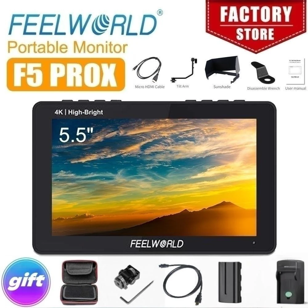 

FEELWORLD F5 PROX 5.5 Inch 1600nit High Bright Touch Screen DSLR Camera Field Monitor 4K HDMI F970 Install and Power Kit