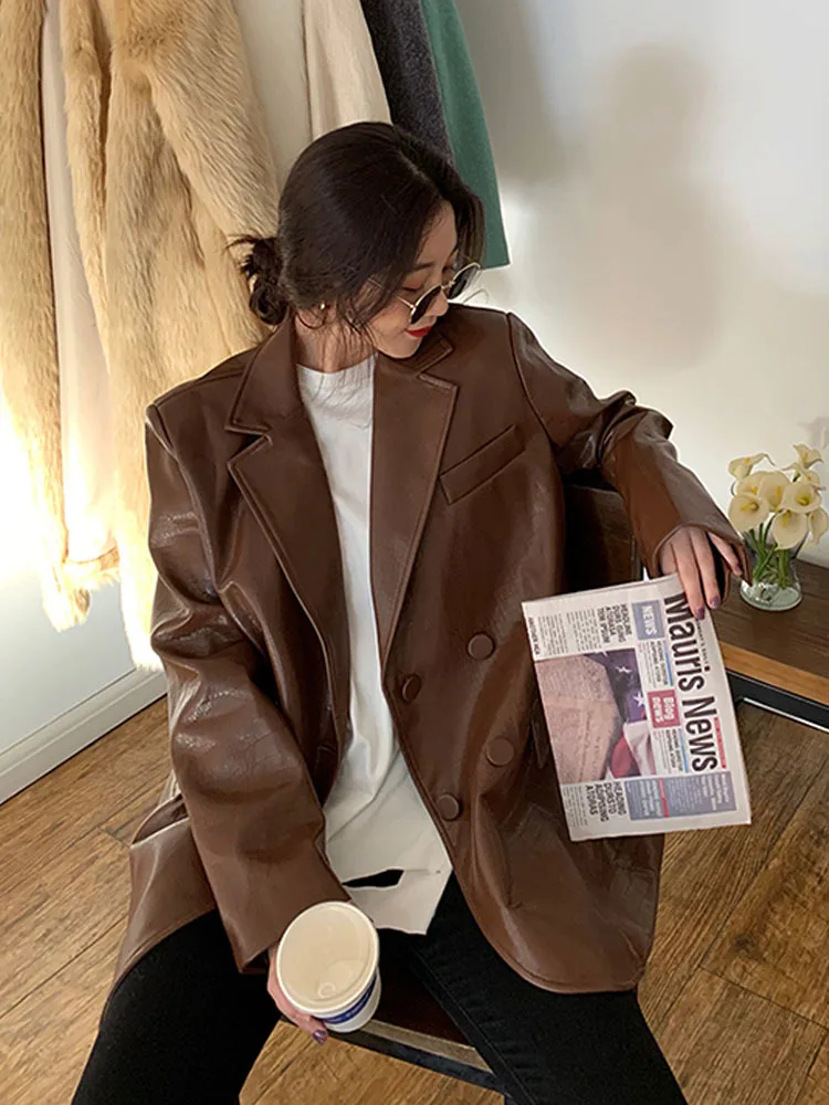 Lautaro Fall d Retro Brown Black Leather Blazer Long Sleeve Cool Loose Luxury Faux Leather Coats and Jackets Women 2022