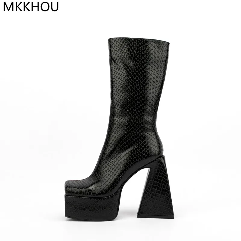 

MKKHOU модные короткие сапоги, женские новые сапоги с квадратным носком на толстой подошве, средней высоты, современные эластичные сапоги на высоком каблуке особой формы