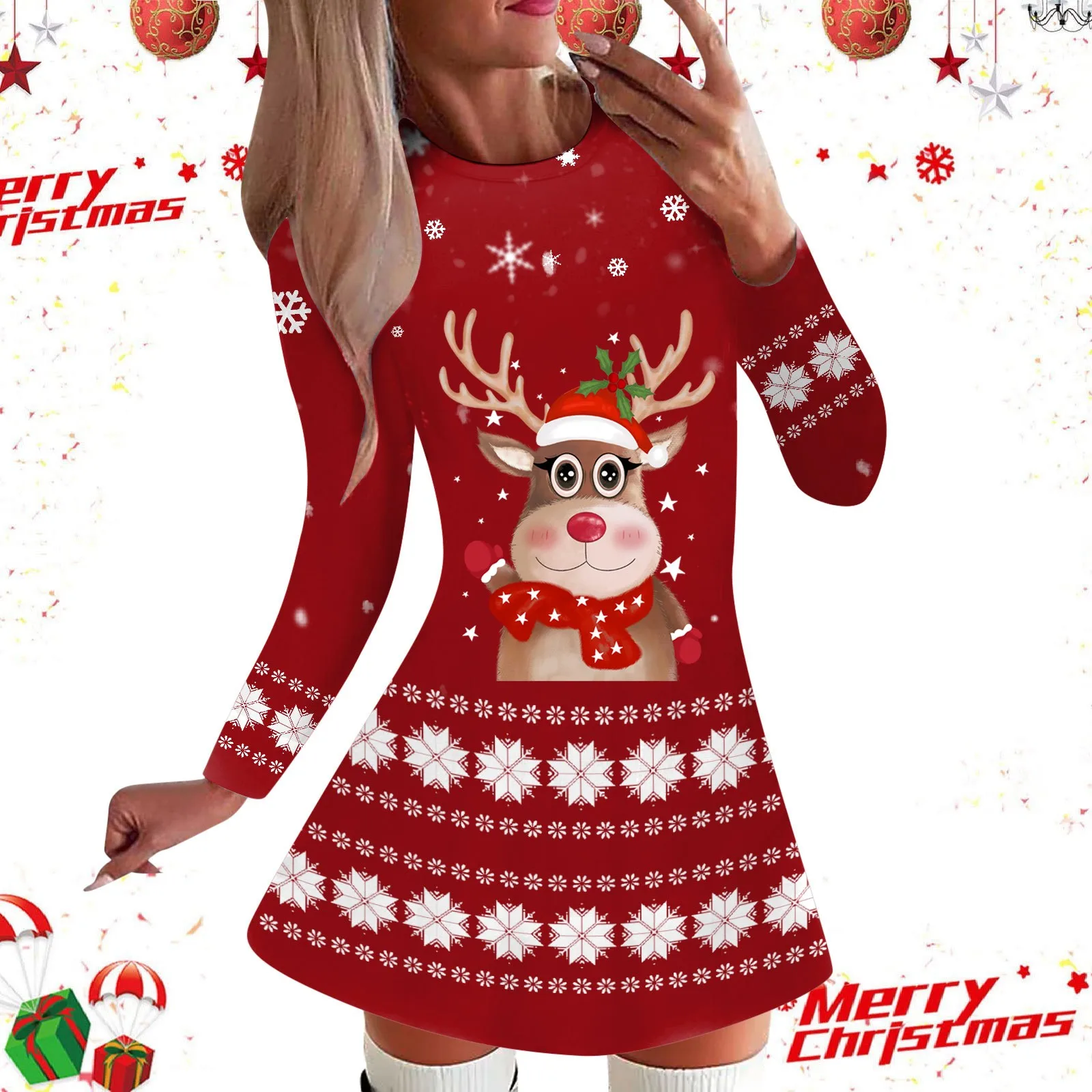 

Женское платье-трапеция с круглым вырезом, длинным рукавом и рождественским принтом