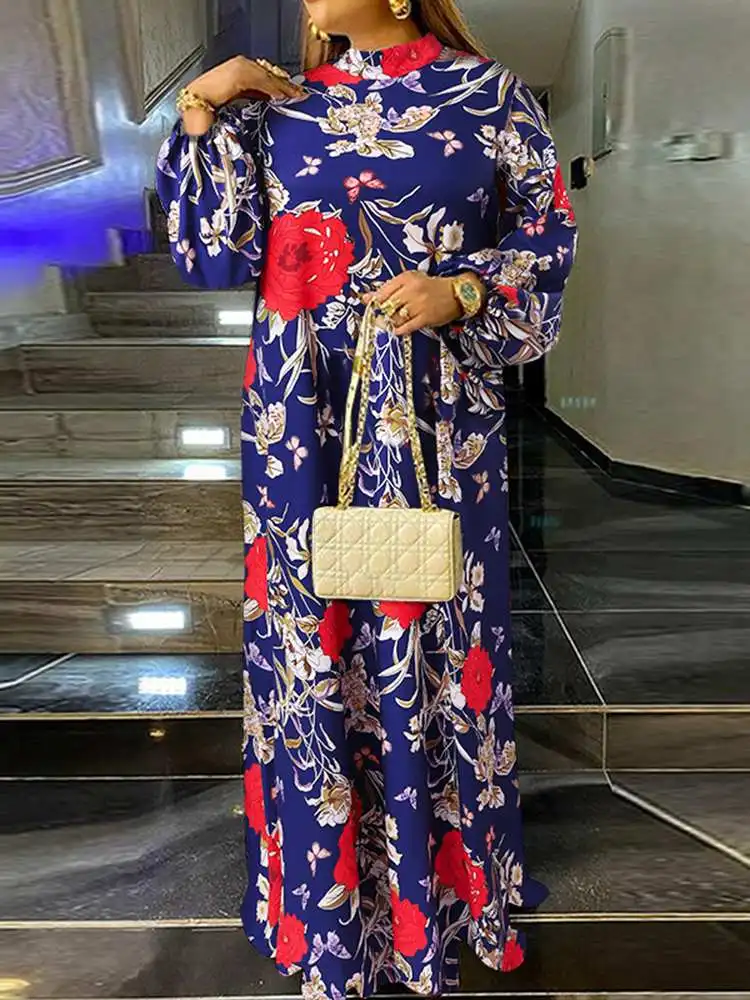 VONDA Plus Size Autumn Dress 2022 Women Long Lantern Sleeve Vintage Printed Holiday Maxi Sundress Pleated Bohemian Party Vestido